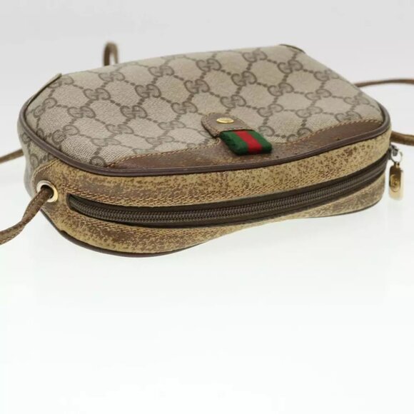 GUCCI Web Sherry Line GG Canvas Shoulder Bag PVC Leather Beige Green Auth - Picture 3 of 7
